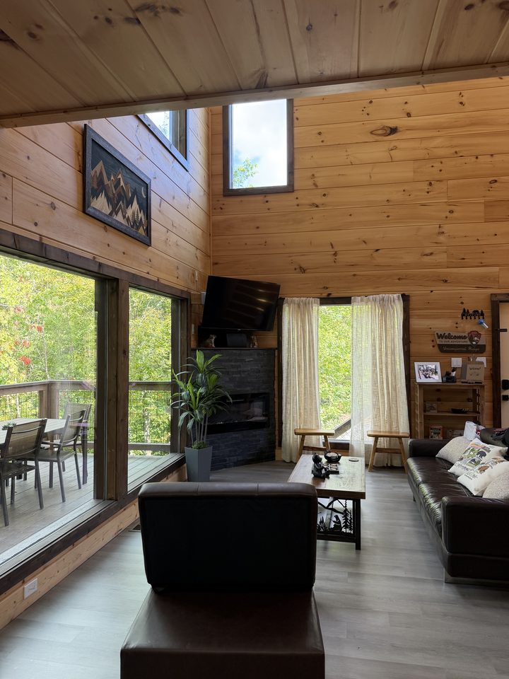 Open living and dining area with a long timber table and full-height glass onto the deck